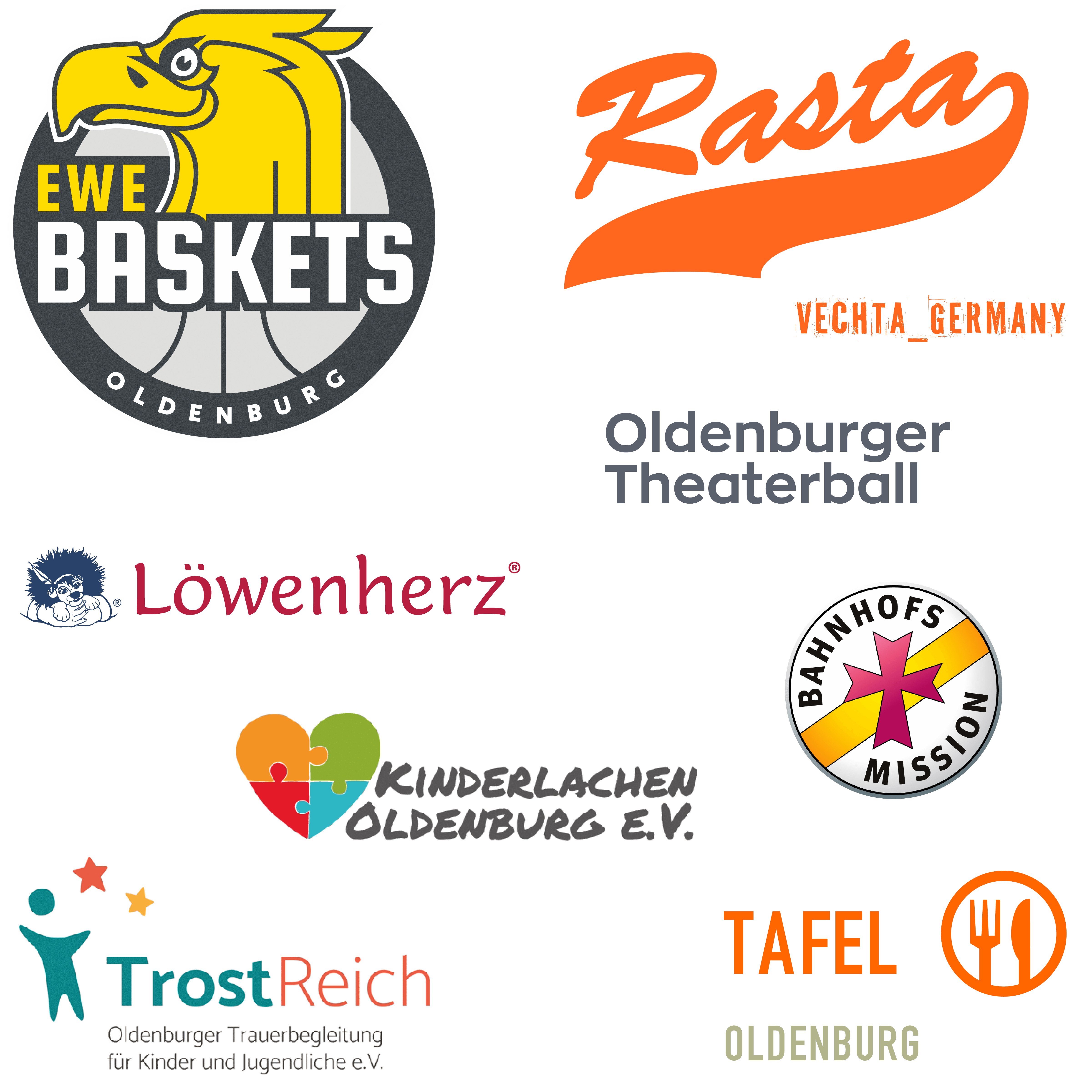 Logos: EWE Baskets Oldenburg, Rasta Vechta, Löwenherz, Oldenburger Theaterball, Kinderlachen Oldenburg e.V., Tafel Oldenburg, Bahnhofsmission, TrostReich