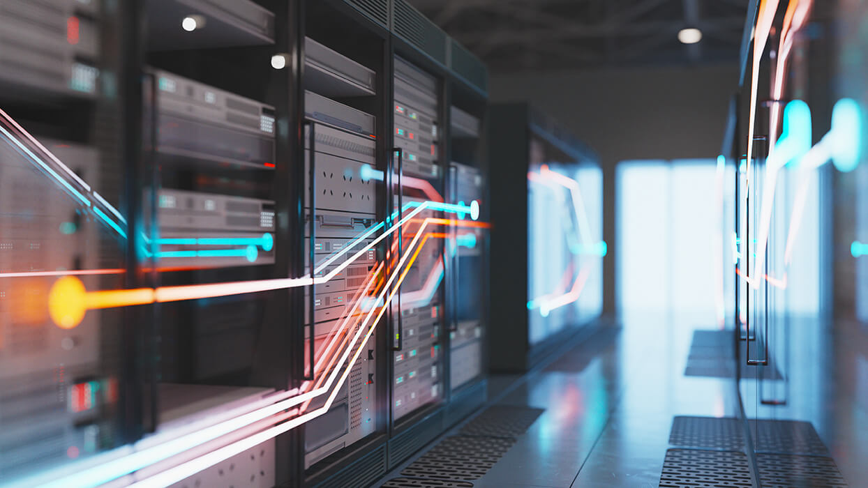 Datenzentrum mit Server-Racks und leuchtenden Lichtstreifen, die Netzwerkverbindungen darstellen