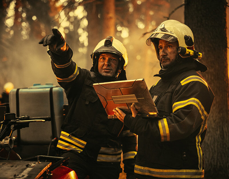 Feuerwehrleute mit Laptop bewerten Situation und koordinieren Einsatz